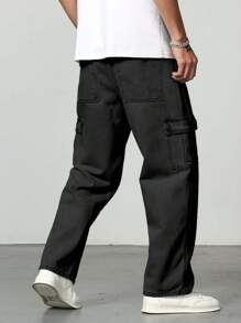 Manfinity Homme Loose Fit Men's Cotton Cargo Jeans With Flap Pockets - Black - View 2