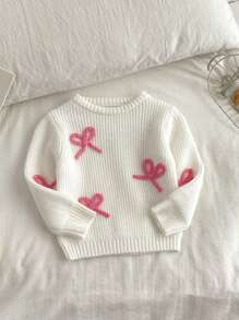 SHEIN Vintaside Kids Baby Girl Embroidered Pink Pullover Sweater, Suitable For Spring/Autumn And As Inner Wear In Cold Winters. The Exquisite Bow Embroidery Adds Adorable And Playful Touches. Suitable For Family Gatherings, Halloween, New Year, Thanksgiving, Christmas, Easter, National Day, Parties, New Year's Eve - White - View 6