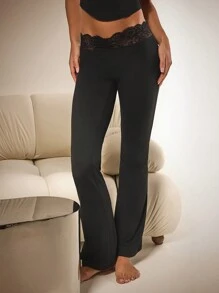 Athîral Pantalon élégant pour femme de couleur unie avec patchwork en dentelle