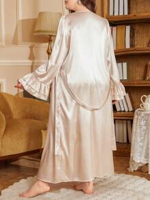 Plus Size French Palace Inspired Delicate Lace Long Faux Silk Camisole Nightgown And Double Ruffle Sleeve Design Robe Set, Fall Winter Clothes - Champagne - View 2