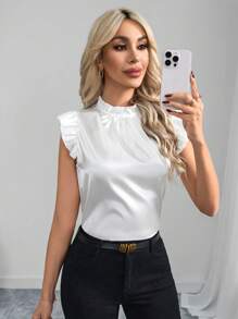 SHEIN Clasi 女士纯色荷叶边休闲上衣，日常穿着 - 白色 - 查看 3