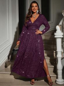 SHEIN Clasi Plus Size V-Neck Long Sleeve Split Hem Casual Long Dress - Red Violet - View 3