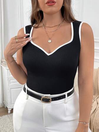 SHEIN Privé 3pcs Plus Size Women Minimalist Sweetheart Neck Contrast Binding Tank Top, For Summer,Business Casual Woman