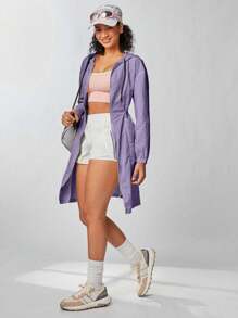 SHEIN 女式长款休闲夹克，带拉链门襟、抽绳腰带和兜帽 - 紫色 - 查看 3