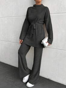 EURMUSE 2pcs/Set Women Simple Stand Collar Long Sleeve Top And Pants Casual Outfit - Light Grey - View 5