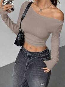 SHEIN Unity Women's Solid Color Long Sleeve Casual Versatile Sweater, Daily Wear Knit Pullover Fall Winter - Khaki - View 5