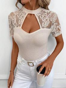 SHEIN Clasi Tricou bodycon cu mânecă scurtă pentru femei Waffle Lace - Caisă - Vizualizare 6