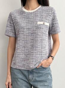 DAZY 女式纯色拼布圆领短袖口袋休闲格纹上衣 - 灰色 - 查看 9