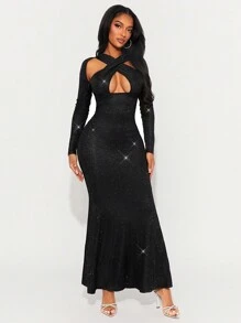 SHEIN SXY 春夏新年结婚季优雅浪漫情人节约会必备黑色亮片弹力修身长袖鱼尾裙长连衣裙 - 黑色 - 查看 5