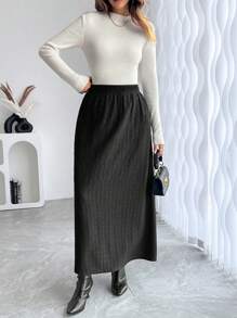 SHEIN Clasi Falda recta de cintura elástica de unicolor minimalista de línea A, para uso diario casual