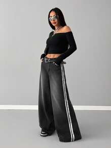 SHEIN EZwear 女士春夏嘻哈休闲日常装牛仔水洗带纹理装饰牛仔裤 - 黑色 - 查看 1