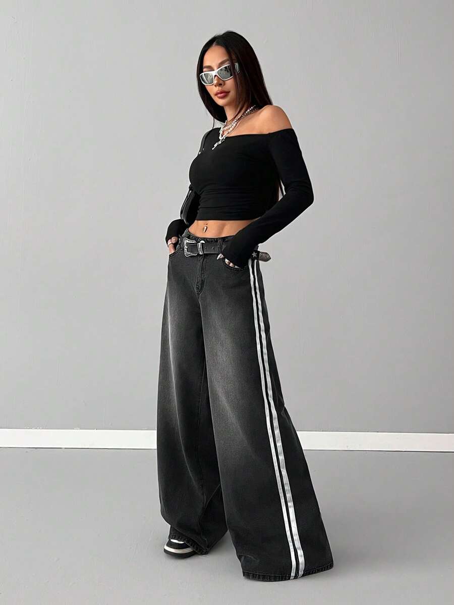 SHEIN EZwear 女士春夏嘻哈休闲日常装牛仔水洗带纹理装饰牛仔裤 - 黑色 - 查看 1