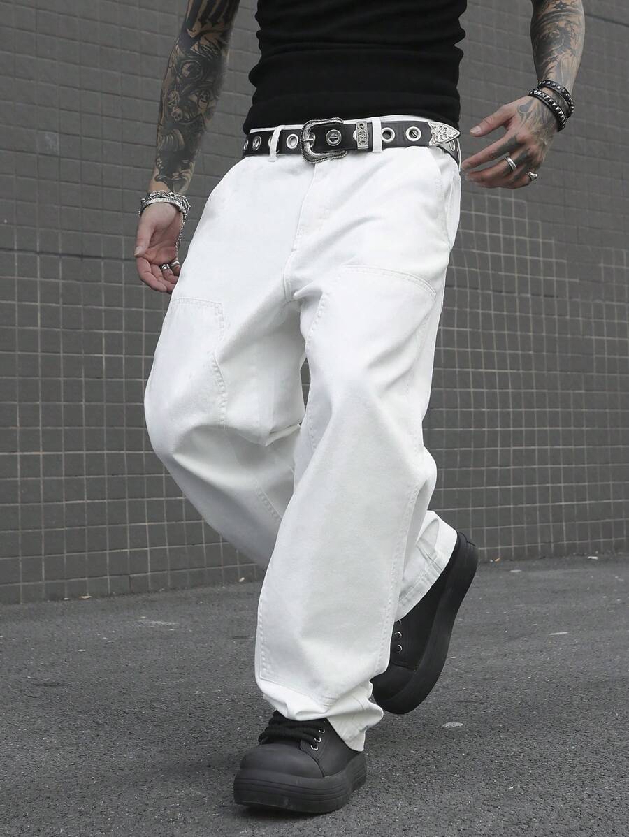 Manfinity EMRG Men's Casual Plain Straight-Leg Jeans - Beige - View 1