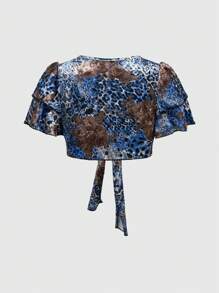 ROMWE Fairycore Y2K Vintage Leopard Floral Tie-Up Women Top - Black - View 2