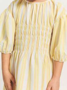 THE HAPPY LOOK Young Girls Striped Color Block Puff Sleeve Cinched Waist Flared Hem Dresses, Resort Style