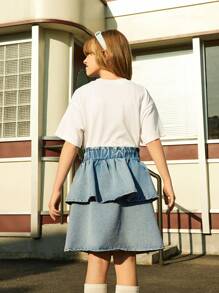 SHEIN 2件套少女蜜桃图案短袖T恤和牛仔裙套装，夏季新品 - 白色 - 查看 2