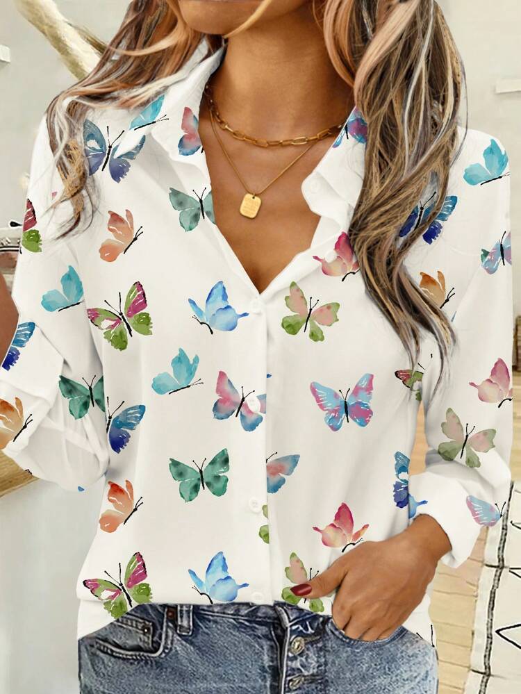 Casual Loose Butterfly Pattern Long Sleeve Blouse For Women, Suitable For Summer , Going Out Top Women Vacation Woman