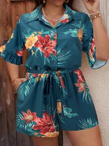SHEIN VCAY Mono casual de talla grande para mujer con estampado floral, manga corta, abotonado medio, bolsillos y diseño informal, para verano - Verde - Ver 1