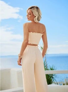 SHEIN VCAY 前繫帶抹胸上衣和闊腿褲 - 杏色 - 查看 5