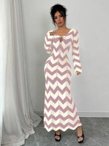 Chiquease Robe pull à lacets rayée pour femmes, décontractée et à la mode pour une utilisation quotidienne - Rose bonbon - Voir 3