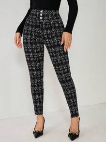SHEIN PETITE Women's Plaid Button Decor Skinny Fashionable Pants - Black - View 5