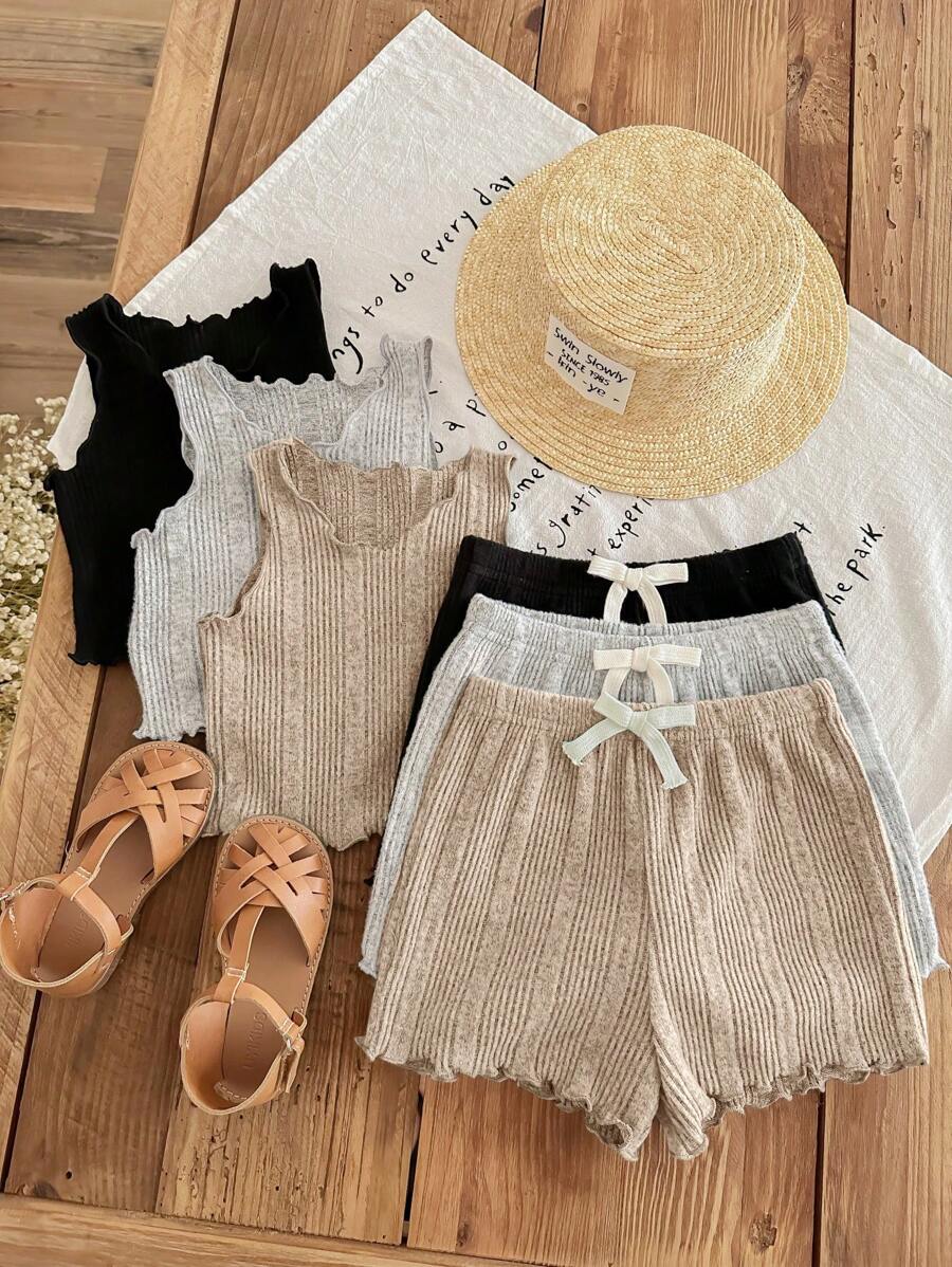 SHEIN LMoss Kids LMoss 女婴 6 件套可爱简约针织纯色无袖波浪下摆上衣和短裤套装