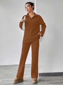 SHEIN Unity 2 Pieces Plain Color Minimalist Casual Top And Pants Set, Versatile - Brown - View 4