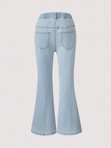 Girls Casual Washed Soft Denim Flare Pants Jeans With Bowknot Pearl Decor, Elastic, Suitable For Spring & Autumn - Light Wash - View 2