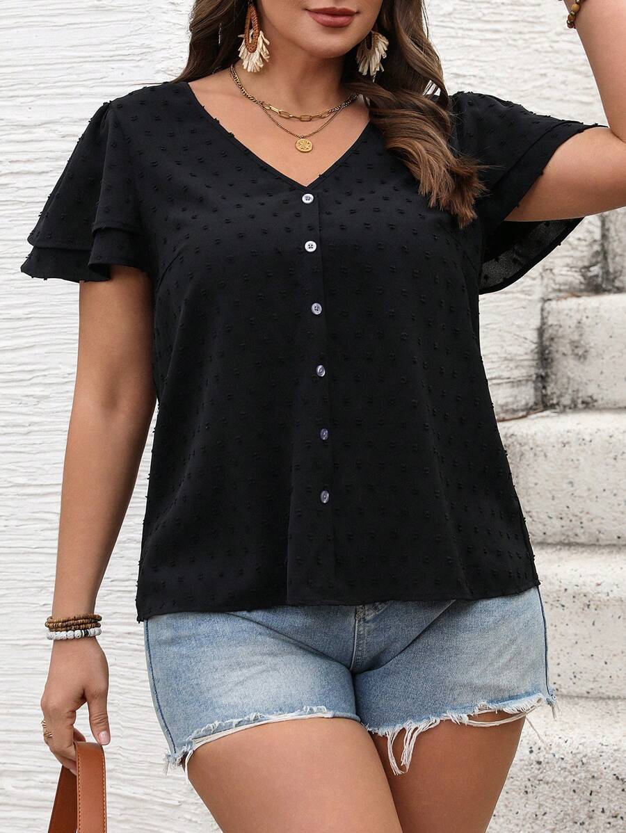 SHEIN VCAY Plus Size Vacation Casual Solid Color Double-Layer Short Sleeve Shirt - Black - View 1