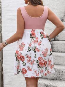 SHEIN VCAY Plus Size Boho Contrast Floral Print Dress, For Summer,Beach Dress Sundress,Holiday Outfits