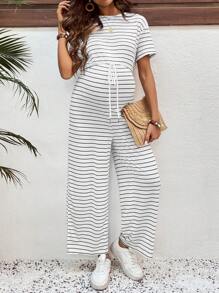 SHEIN Maternity Casual Striped Short Sleeve Jumpsuit - White - View 3