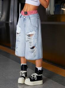 SHEIN ICON 女式休闲破洞拼布高腰七分牛仔裤 - 淺色水洗藍 - 查看 6