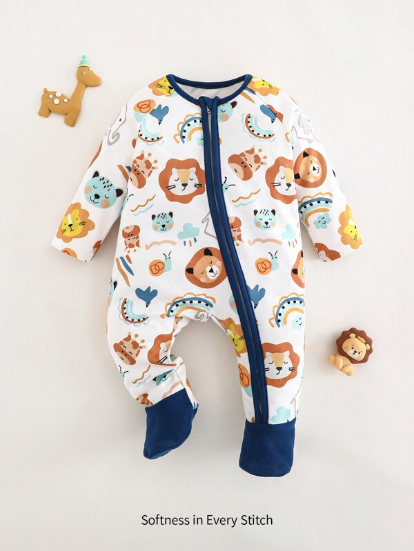 Cozy Pixies Newborn Baby Girl Cartoon Lion Print Knit Soft Round Neck Long Sleeve Romper With Pants