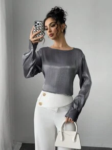 Modelyn Blusa casual de estilo árabe para mujer, de cuello redondo y manga larga, de unicolor - Gris - Ver 5