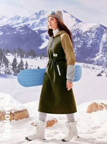 SHEIN Teen Girls Solid Color Patchwork Front Zipper Long Sleeve Simple Casual Dress For Winter - Army Green - View 4