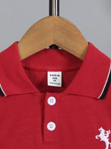 SHEIN Camicia polo casual a patchwork per ragazzo, a maniche corte - Rosso - Visualizzare 3