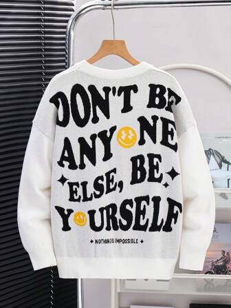 Casual Kids Tween Boys' Letter Color Block Embroidery Patch Loose Fit Crew Neck Knit Sweater