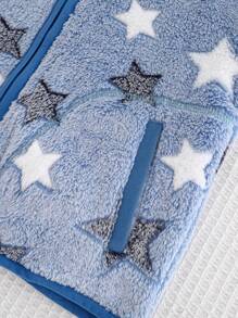 Cozy Pixies Young Boy Star Pattern Fleece Thick Long Sleeve Cardigan, Casual Versatile Suitable For Autumn And Winter