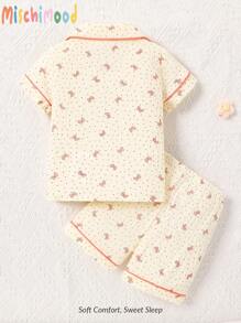 2 pièces/Set Tenue décontractée d'été pour bébé fille, short à manches courtes et nœud imprimé en seersucker rose
