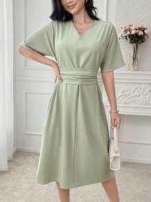 DAZY Solid Color V-Neck Shoulder Tie Waist Mid-Calf Dress For Women Elegant Sundress Easter - Green - View 5