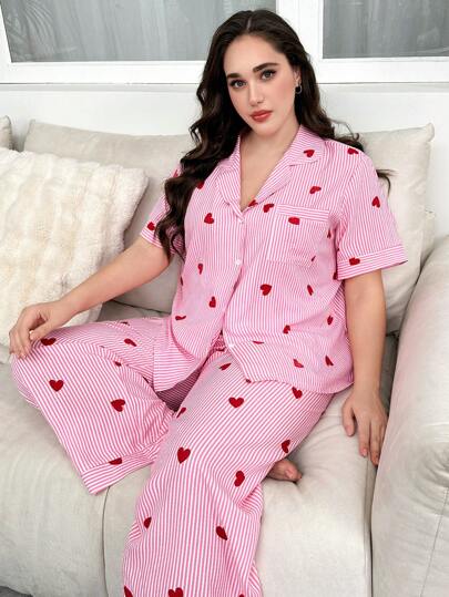 Slumberry CURVE Bộ đồ ngủ tay ngắn in hình trái tim sọc hồng cỡ lớn kèm quần dài cho ngày lễ tình nhân