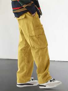 Men Solid Flap Pocket Side Cargo Pants - Yellow - View 4