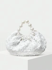 MOTF PREMIUM WOMEN'S FASHIONABLE ELEGANT SEQUIN FAUX PEARL TOP HANDLE BAG - White - View 2
