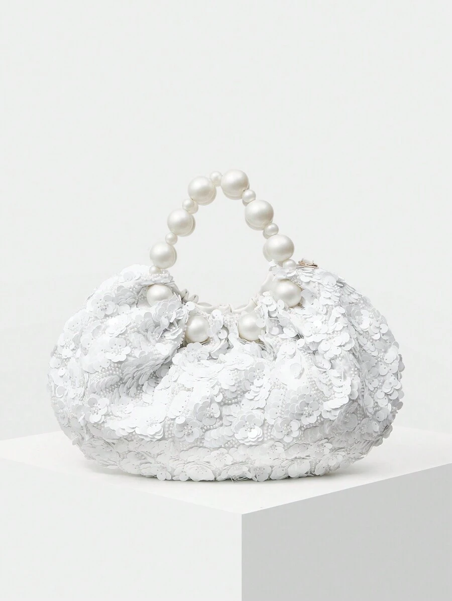 MOTF PREMIUM WOMEN'S FASHIONABLE ELEGANT SEQUIN FAUX PEARL TOP HANDLE BAG - White - View 2