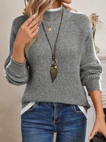 EMERY ROSE Suéter informal para mujer de manga raglán con cuello alto y bloques de color - Gris Claro - Ver 5