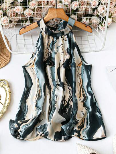 SHEIN LUNE 大码女式休闲宽松大理石印花挂脖衬衫