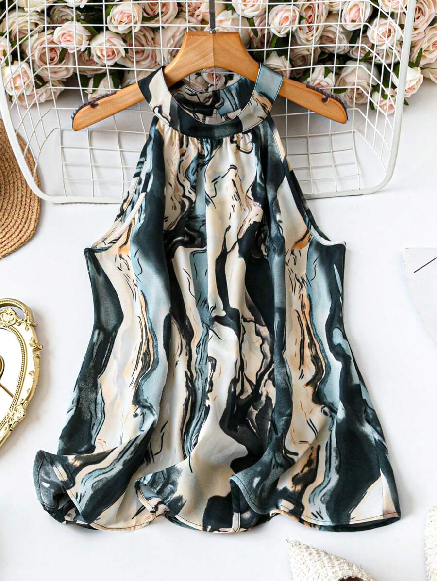 SHEIN LUNE Áo sơ mi hở cổ in họa tiết đá cẩm thạch rộng rãi cho nữ cỡ lớn - Nhiều màu - Xem 1