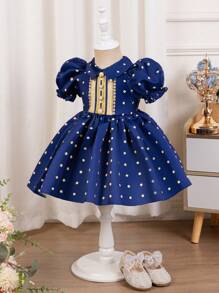 SHEIN Summer Cute Polka Dot Fancy Blue Short Sleeve Babygirl Dress - Blue - View 9