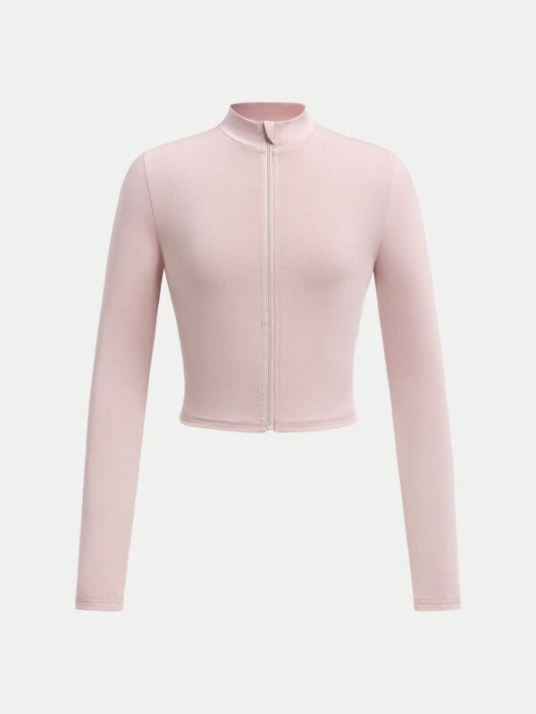 SHEIN Girlism Camiseta ajustada de manga larga con cuello alto, cremallera delantera y ajuste ceñido, en un estilo simple y casual para uso diario de niñas preadolescentes