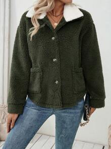 SHEIN LUNE Áo khoác cổ trắng & cổ xanh quân đội tương phản, thanh lịch - xanh quân đội - Xem 5